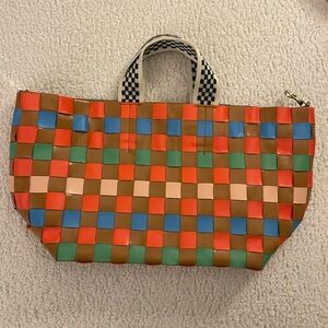Clare V. Bateau Tote in Natural/Blood Orange with Multi Oversized Woven Checker